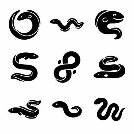 A collection of nine minimalist black eel icons. These stylized fish silhouettes are depicted in...