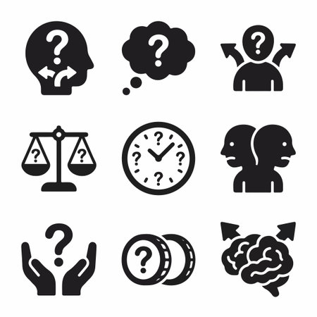 A collection of nine flat monochrome icons illustrating themes of uncertainty, questions, dilemmas,...