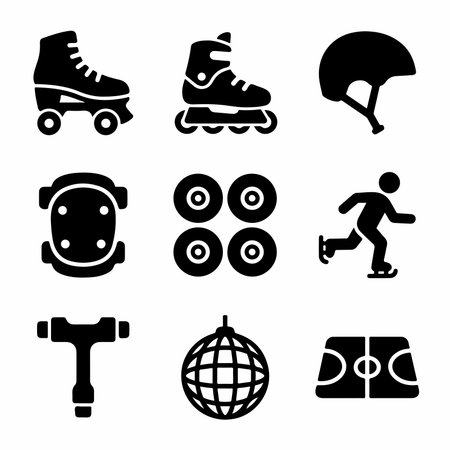 A collection of black solid icons related to roller sports, including quad skates, inline skates,...