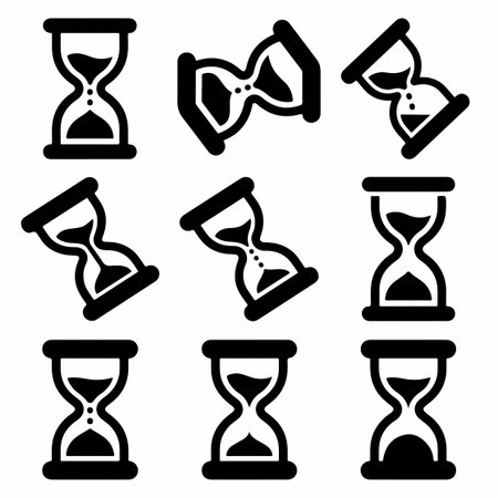 A collection of nine simple black hourglass or sandglass vector icons. The set shows the timers in...