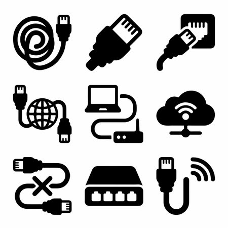 A collection of nine black glyph icons representing various aspects of computer networking and...