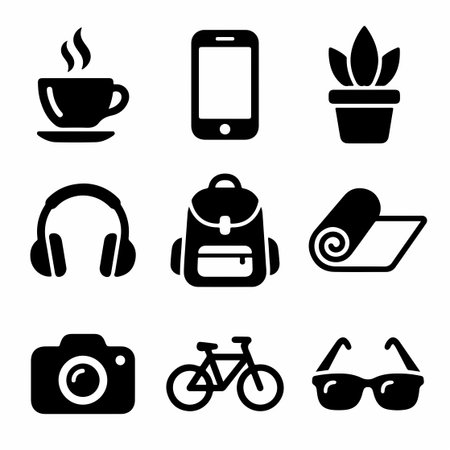 Set of nine simple black glyph icons representing modern lifestyle hobbies and travel items....