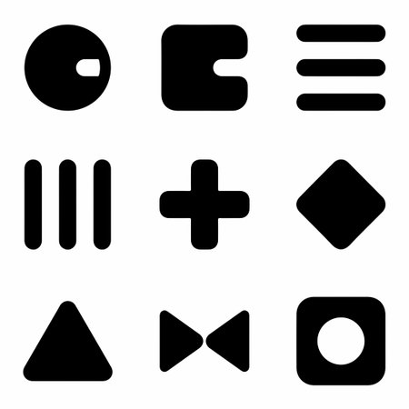 A collection of nine simple and modern solid black icons. Includes menu, add, play, and other...