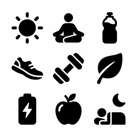 A collection of nine simple glyph icons representing health and wellness concepts like exercise, nutrition, sleep, hydration, and mindfulness for a balanced life.のイラスト素材