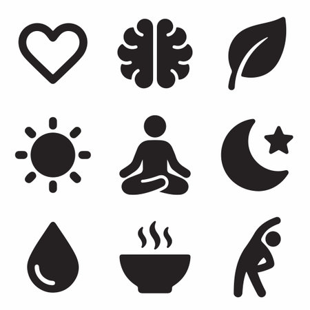 A collection of nine simple black icons symbolizing key aspects of a healthy lifestyle including mental health, nutrition, exercise, sleep, and mindfulness.のイラスト素材
