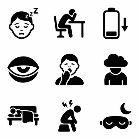 A collection of simple black and white vector icons illustrating symptoms of insomnia, stress, low energy, burnout, and mental health issues like depression.のイラスト素材