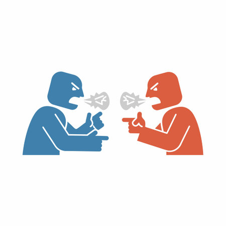 A simple graphic illustration of two figures, one blue and one red, engaged in a verbal dispute....
