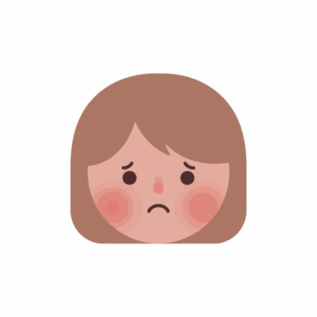 A simple flat vector illustration of a young girls head showing sadness. The character has brown hair, rosy cheeks, and a downturned mouth, conveying unhappiness or disappointment.のイラスト素材