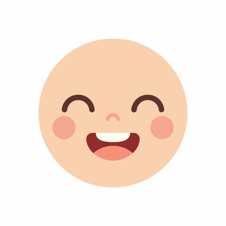 A simple flat vector illustration of a joyful cartoon face. The character has a big smile, showing teeth, with happy closed eyes and pink blush on its cheeks.のイラスト素材