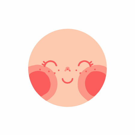 A simple and cute circular character face with a happy smiling expression, rosy blushed cheeks, and closed eyes. A minimalist flat vector illustration on a white background.のイラスト素材