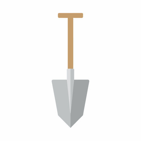 A vector illustration of a classic digging shovel or spade. The tool features a grey metal blade and a light brown wooden T-handle, depicted in a simple flat style.のイラスト素材