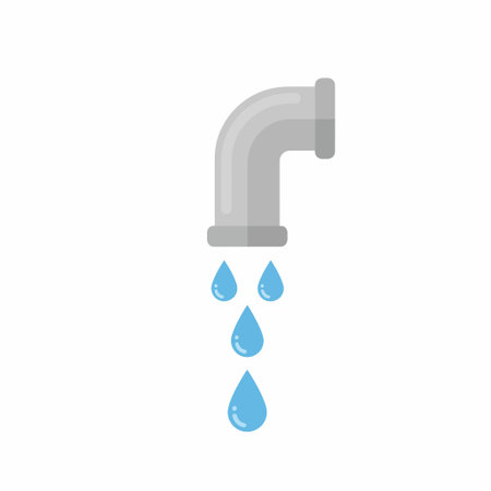 A simple flat vector illustration of a grey metal pipe leaking blue water droplets. This icon represents plumbing issues, water waste, or a water source on an isolated background.のイラスト素材