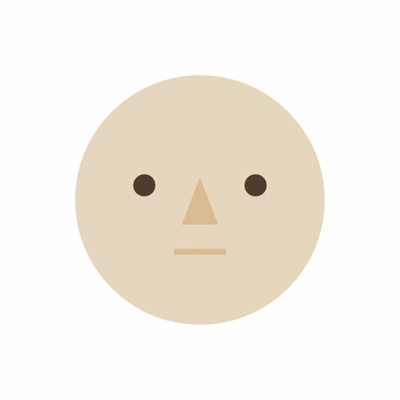 A flat design illustration of a stylized human face. The head is a simple beige circle with small dark eyes, a triangular nose, and a straight line for a mouth, conveying a blank or neutral emotion.のイラスト素材