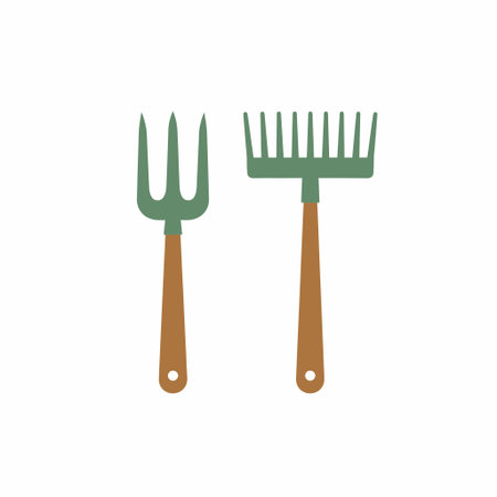 A simple flat vector illustration of a green garden fork and rake with wooden handles. Essential gardening equipment for soil cultivation, weeding, and planting.のイラスト素材