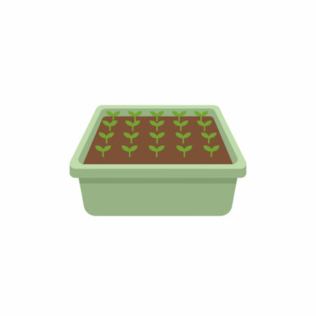 A flat vector illustration of a green seedling tray filled with soil. Small green sprouts are growing in organized rows, symbolizing new growth, gardening, and agriculture.のイラスト素材