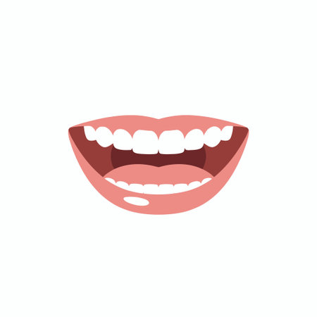 A flat vector illustration of a wide open smiling mouth showing healthy white teeth and pink gums. A...