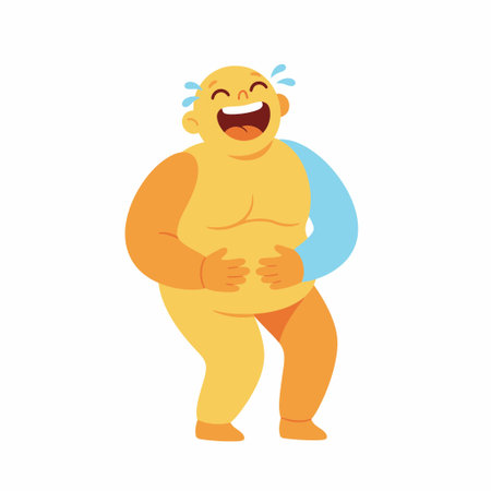 A cheerful cartoon character laughing hysterically while holding his large belly. This vector illustration depicts pure joy and amusement, isolated on a white background.のイラスト素材