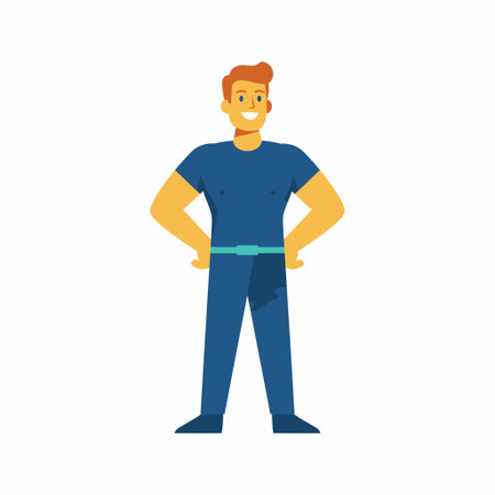 A flat vector illustration of a happy, smiling young man with red hair and a mustache. He is wearing a blue outfit and standing in a confident power pose on a white background.のイラスト素材