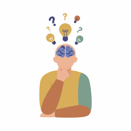A flat vector graphic of a person deep in thought, representing brainstorming, problem-solving, creativity, and the process of generating ideas. Isolated on a white background.のイラスト素材