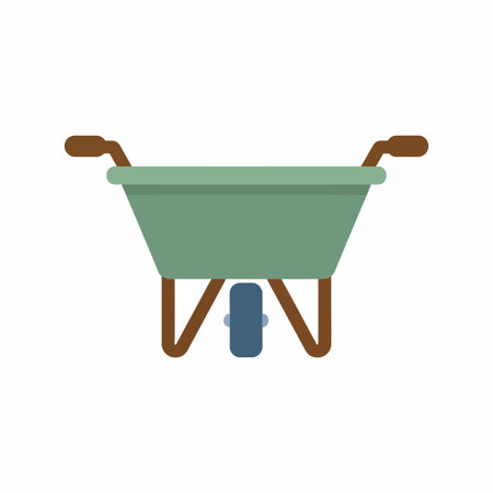 A simple flat vector illustration of a green garden wheelbarrow shown from the front. An isolated...