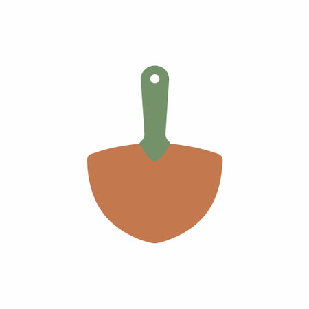 A minimalist graphic icon of a small gardening shovel or trowel. The tool features a brown blade and...