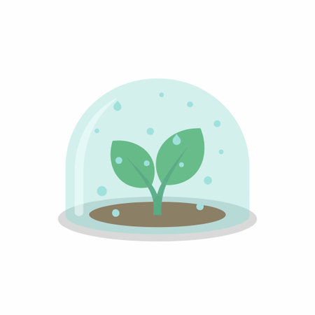 A simple flat vector illustration of a delicate green seedling with two leaves growing in soil, protected and isolated under a transparent glass dome or cloche.のイラスト素材