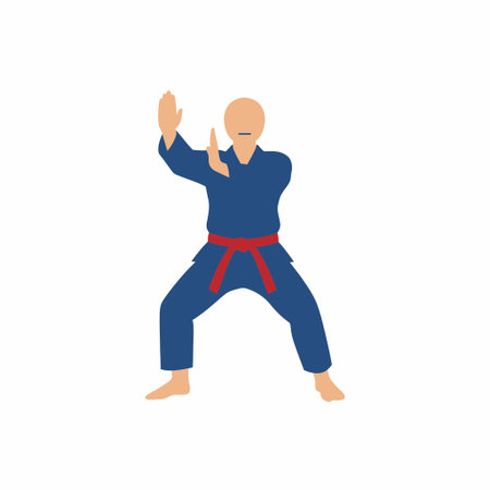 Flat vector illustration of a person in a blue martial arts uniform with a red belt. The character is in a defensive fighting stance, isolated on a white background.のイラスト素材