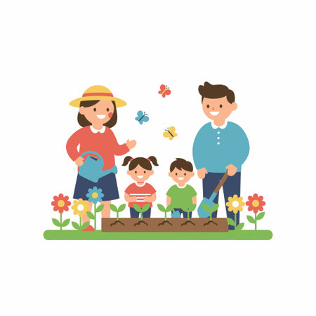 A charming vector illustration of a happy family gardening. Parents and their two children, a boy and a girl, are planting together in a flower bed on a sunny day with butterflies.のイラスト素材