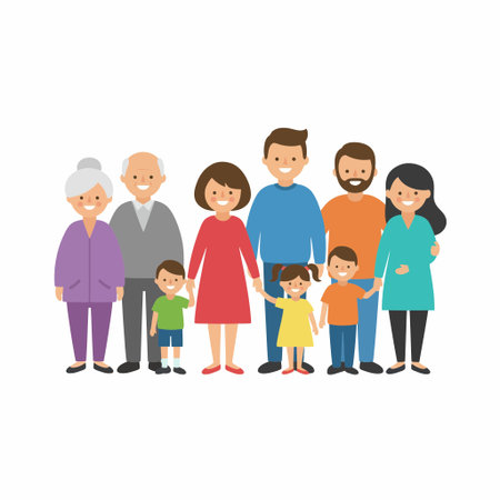 A colorful flat vector illustration of a multi-generational family including grandparents, parents,...