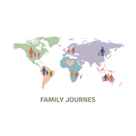 A flat vector illustration of a world map with icons of diverse families on each continent, representing global travel, migration, and family journeys.のイラスト素材