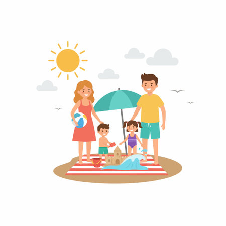 Vector illustration of a happy family on vacation. Mother, father, son, and daughter relaxing on a sandy beach under the sun with an umbrella and toys.のイラスト素材
