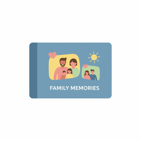 A blue photo album with Family Memories written on the cover. It features illustrations of happy...