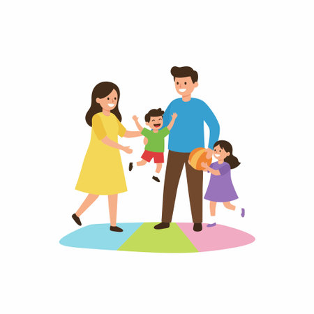 A joyful family of four, mother, father, son, and daughter, enjoying a playful moment together. Vector illustration of parents and kids having fun on a white background.のイラスト素材