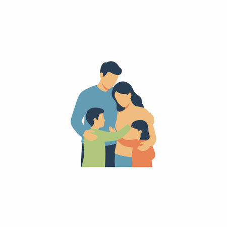 A flat vector illustration of a mother, father, son, and daughter in a loving embrace. A concept of family unity, love, and togetherness isolated on a white background.のイラスト素材