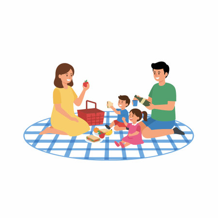 A cartoon vector illustration of a happy family with a mother, father, son, and daughter sitting on a checkered blanket enjoying food and drinks during a picnic. Isolated on a white background.のイラスト素材