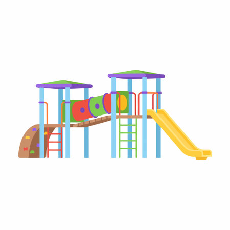 A vibrant outdoor playground set for kids featuring a yellow slide, a multi-colored tube tunnel, climbing ladders, and protective canopies, isolated on a white background.のイラスト素材