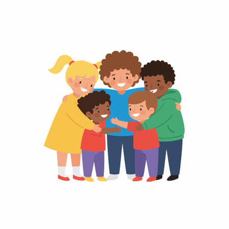 Vector illustration of a happy and diverse group of five children from different ethnic backgrounds sharing a warm group hug. A symbol of friendship, unity, and childhood.のイラスト素材