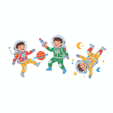 A collection of three cheerful kids in colorful spacesuits floating and playing among planets and stars. One holds a rocket toy. Vector illustration isolated on a white background.のイラスト素材