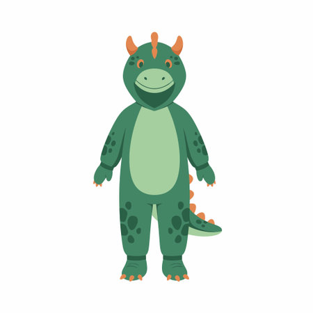 A friendly cartoon character wearing a full body green dragon or dinosaur mascot suit. The costume features orange horns, a tail with spikes, and a smiling face. Isolated vector illustration.のイラスト素材
