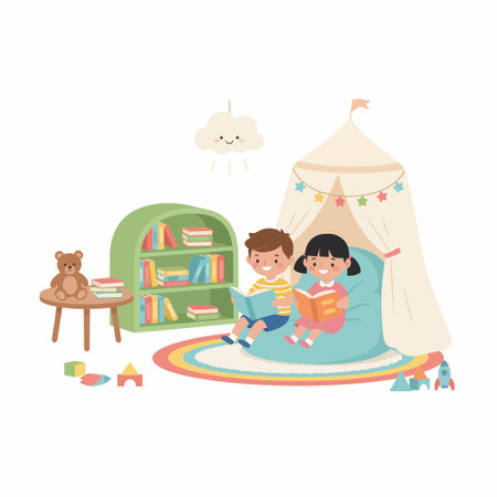 A boy and girl sit on a beanbag chair inside a teepee, happily reading books. Their playroom is filled with a bookshelf, a teddy bear, and colorful toys.のイラスト素材