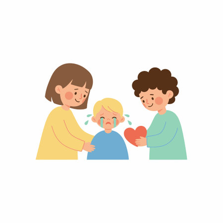 An illustration of two kids showing empathy and compassion to their sad, crying friend. A boy offers a heart while a girl gives a comforting touch on a white background.のイラスト素材