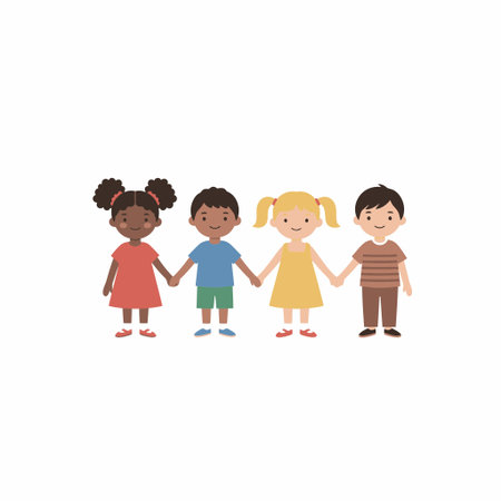 A cute cartoon illustration of four diverse children, two boys and two girls, standing together and holding hands. They are smiling, representing friendship and unity.のイラスト素材