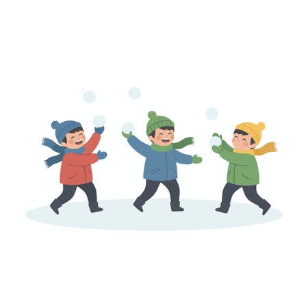 A vector illustration of three cheerful kids wearing coats, hats, and scarves, joyfully throwing snowballs and playing together in the snow, isolated on a white background.のイラスト素材