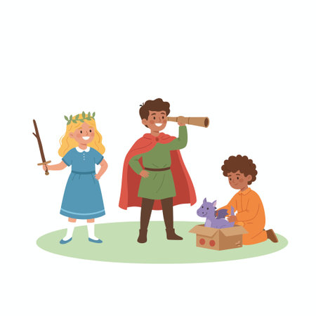 A group of diverse children in fantasy costumes. A girl as a princess, a boy as a prince with a spyglass, and another boy playing with a dragon toy in a box. Flat vector illustration.のイラスト素材