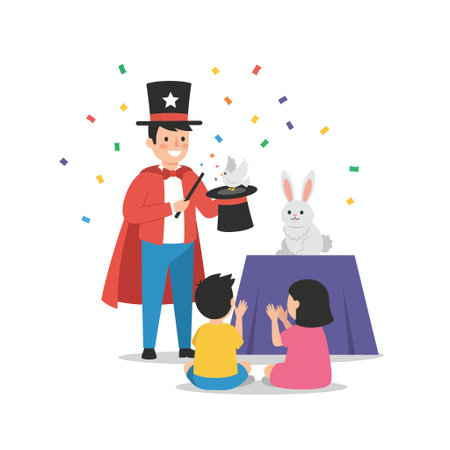 A cartoon illustration of a magician performing for two children. He is pulling a white rabbit out of his top hat with a magic wand, while confetti falls around them.のイラスト素材