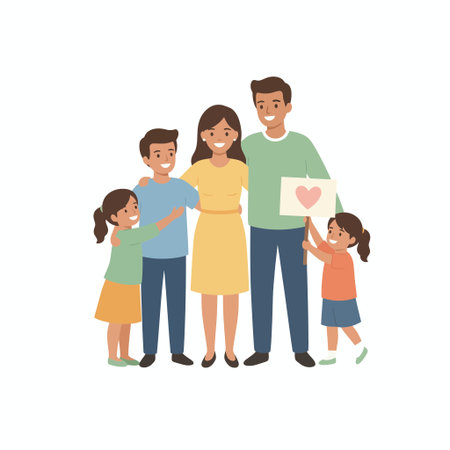 A cheerful family portrait featuring a mother, father, son, and two daughters. One girl holds a heart drawing. Isolated vector illustration on a white background.のイラスト素材