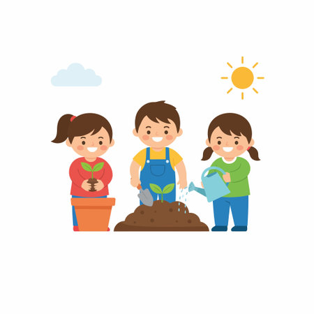 A vector illustration of three happy kids gardening. A boy digs soil with a shovel while two girls plant a seedling and water it under a sunny sky.のイラスト素材