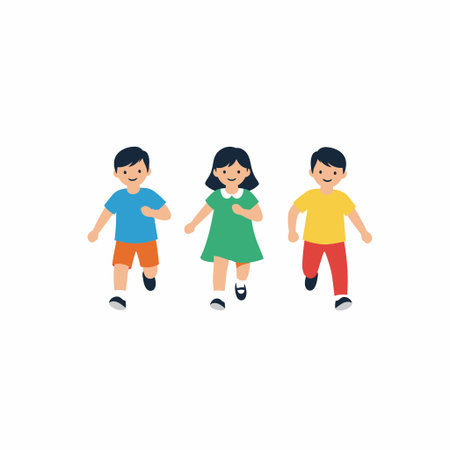 A flat vector illustration of three diverse children, two boys and a girl, running forward with joyful expressions. Isolated on a white background for easy use.のイラスト素材