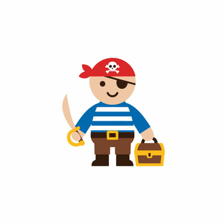 A flat vector illustration of a friendly child dressed as a pirate. The boy has a red bandana, an eyepatch, and holds a cutlass and a treasure chest. Isolated on white.のイラスト素材