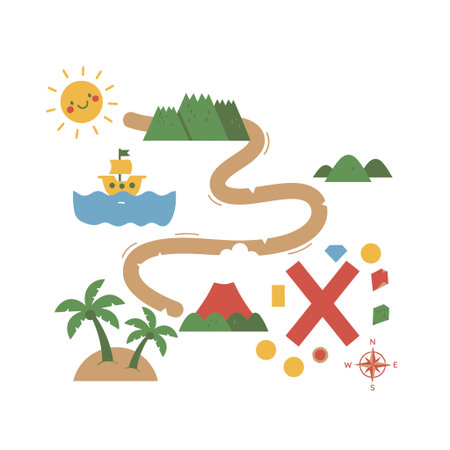 A fun and colorful illustration of a pirate treasure map showing a path to a hidden treasure marked by an X. Includes a ship, island, volcano, and sun. Vector graphic on a white background.のイラスト素材